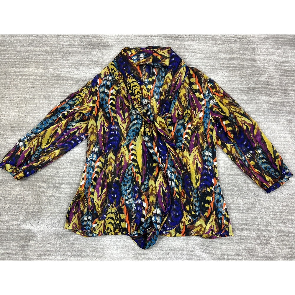 New Directions Blouse Womens Med Multicolor Feather Print Twist Front 3/4 Sleeve
